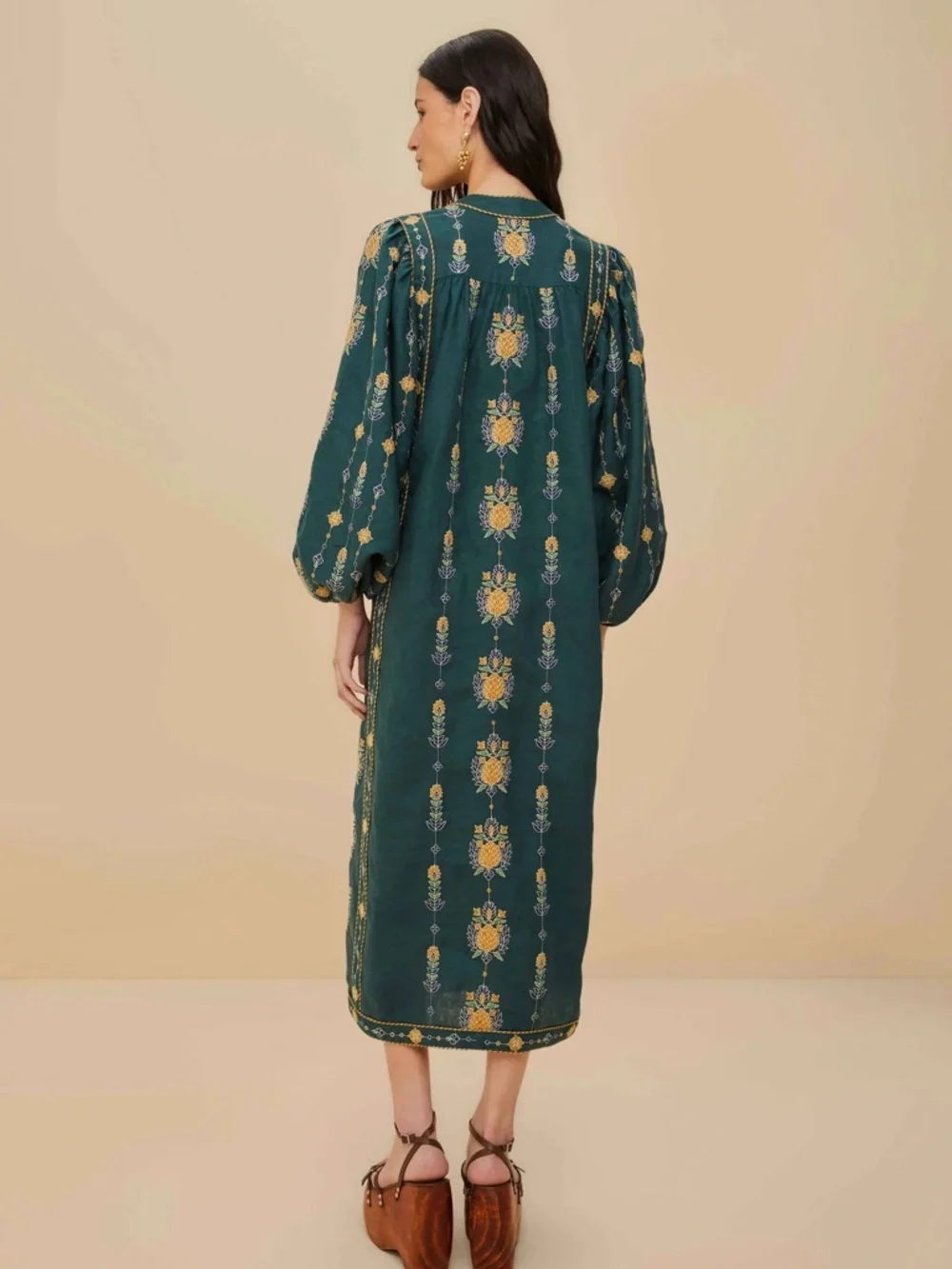 FARM Rio Emerald Green pineapple Maxi Dress with Yellow & Blue Embroidery - Picture 2 of 14